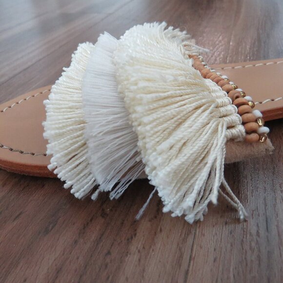 MYSTIQUE Caracas Fringed Leather Slip On Slide Sandals in Beige Beach Size US 7 - Picture 12 of 12